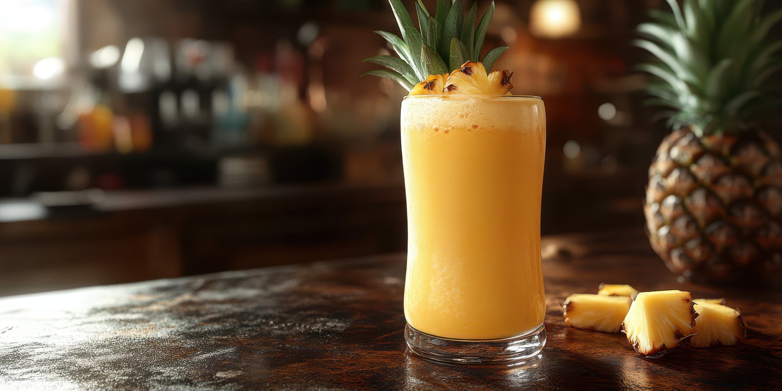 Refreshing tropical drink served with fresh pineapple in a warm bar setting during a sunny day